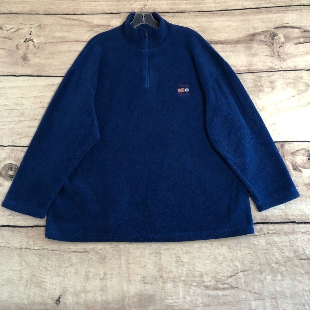 Polo Ralph Lauren Sweater Mens L Blue Fleece 1/4 Zip Pullover Usa Flag Ski Vtg